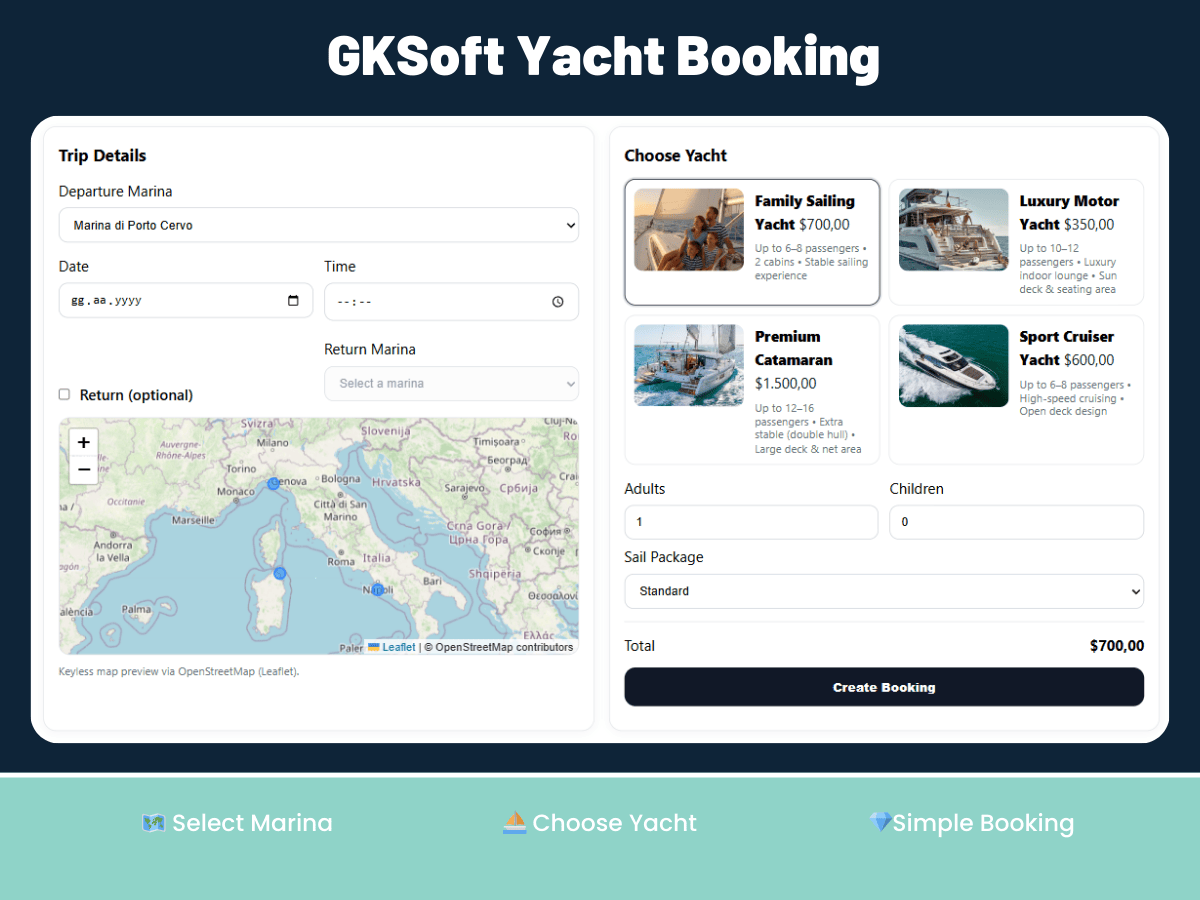 Yacht booking form with marina map and yacht selection